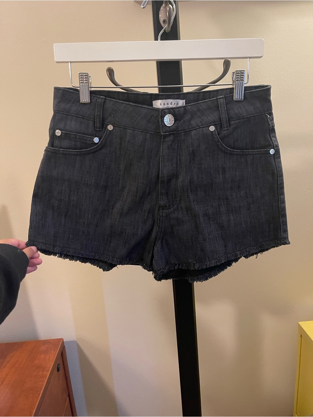Sandro Black Denim Frayed Hem Jean Shorts